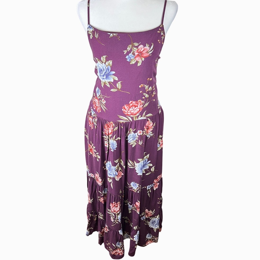 Xhilaration Floral Midi Dress XXL Plum Purple Lace Up Back Tiered Boho Summer